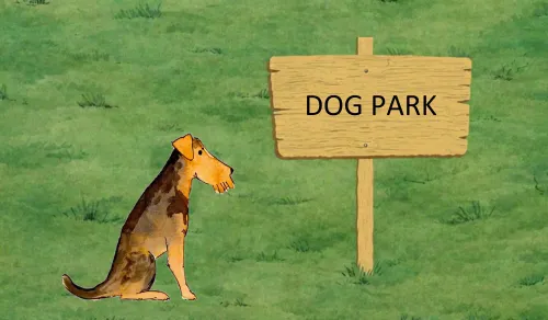 A terrier sitting by the DOG PARK sign