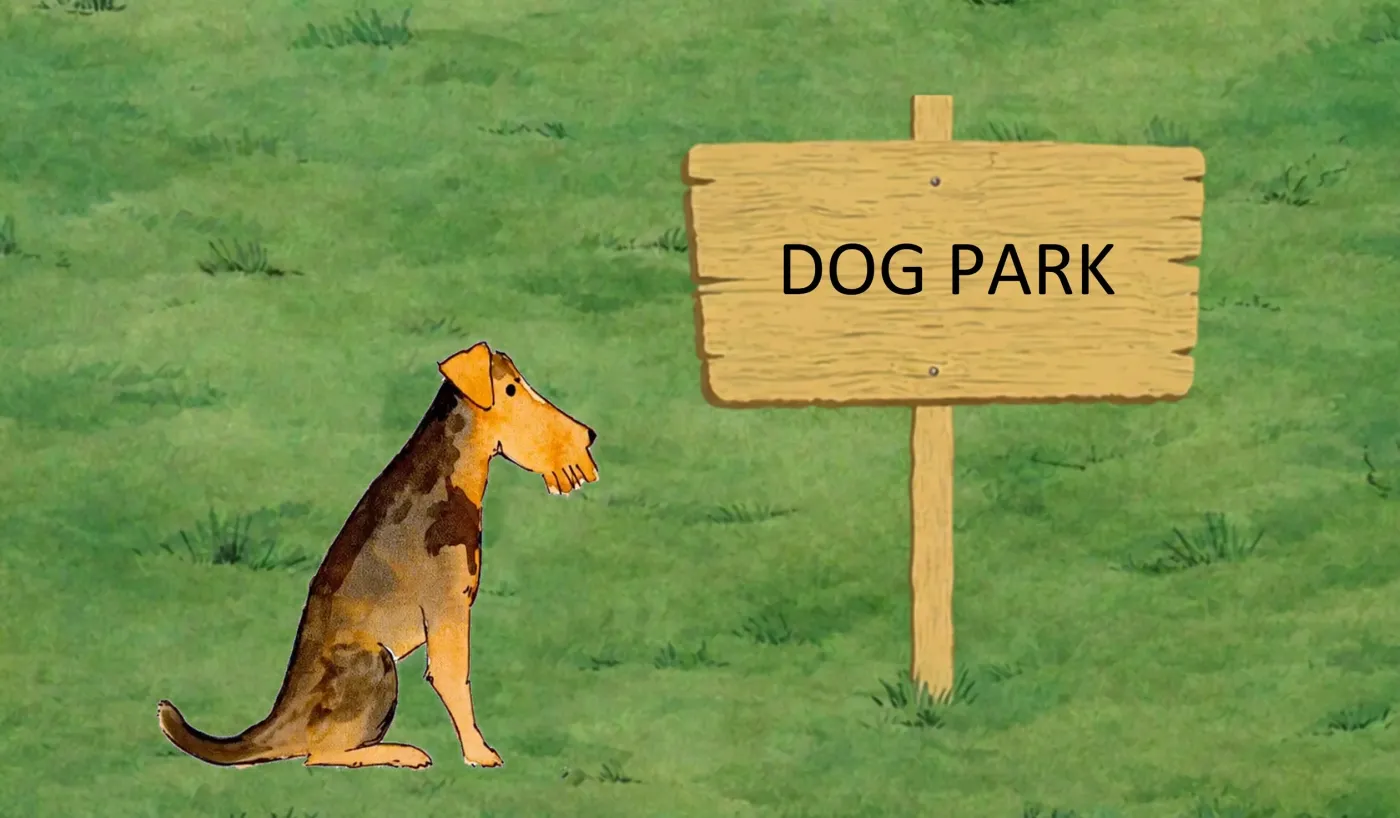 A watercolor Welsh Terrier sits on the grass beside a wooden DOG PARK sign