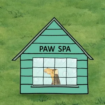 The teal Paw Spa, with a terrier relaxing in a bubbly bath behind the window
