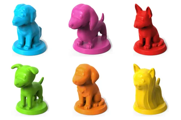 The six Dog Park playing pieces