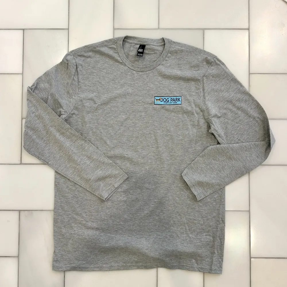 Gray long-sleeve Dog Park tee laid flat